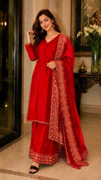 Teeya Creation New Latest Stylish Classic Red Festive Kurta Set with Gold Zari Border Palazzo and Dupatta | Grocsy