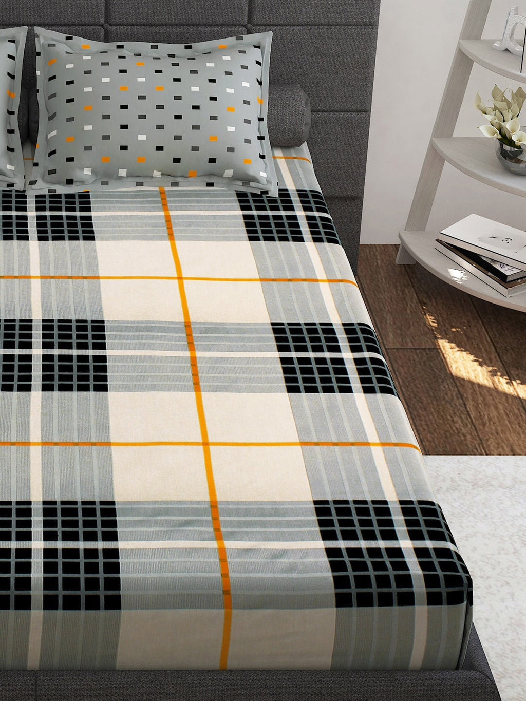 Story@home White & Grey Geometric Cotton 152 TC Queen Bedsheet With 2 Pillow Covers | Grocsy