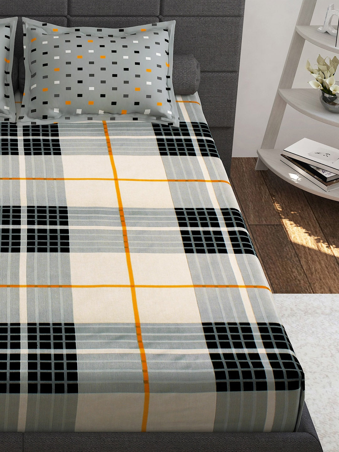 Story@home White & Grey Geometric Cotton 152 TC Queen Bedsheet With 2 Pillow Covers | Grocsy