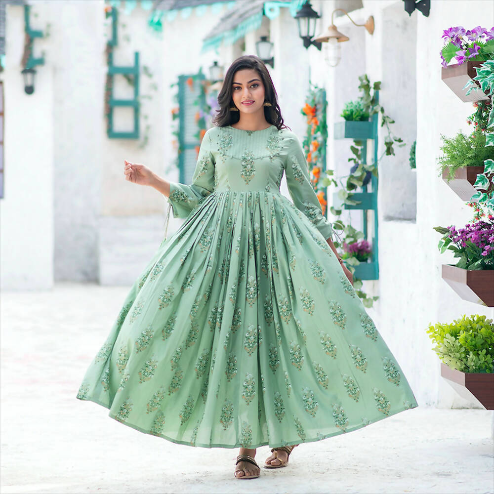Partywear Designer Digital Printed Moss Green Pure Maslin Gown - Anbazaar | Grocsy