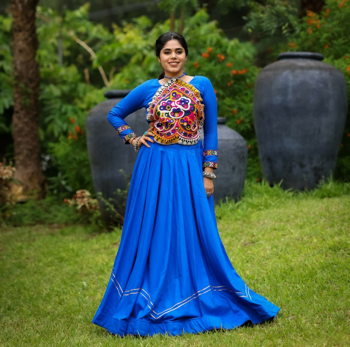 Yash Enterprise Blue Rayon Cotton Embroidery Semi Stitched Navratri Top Chaniya Choli | Grocsy