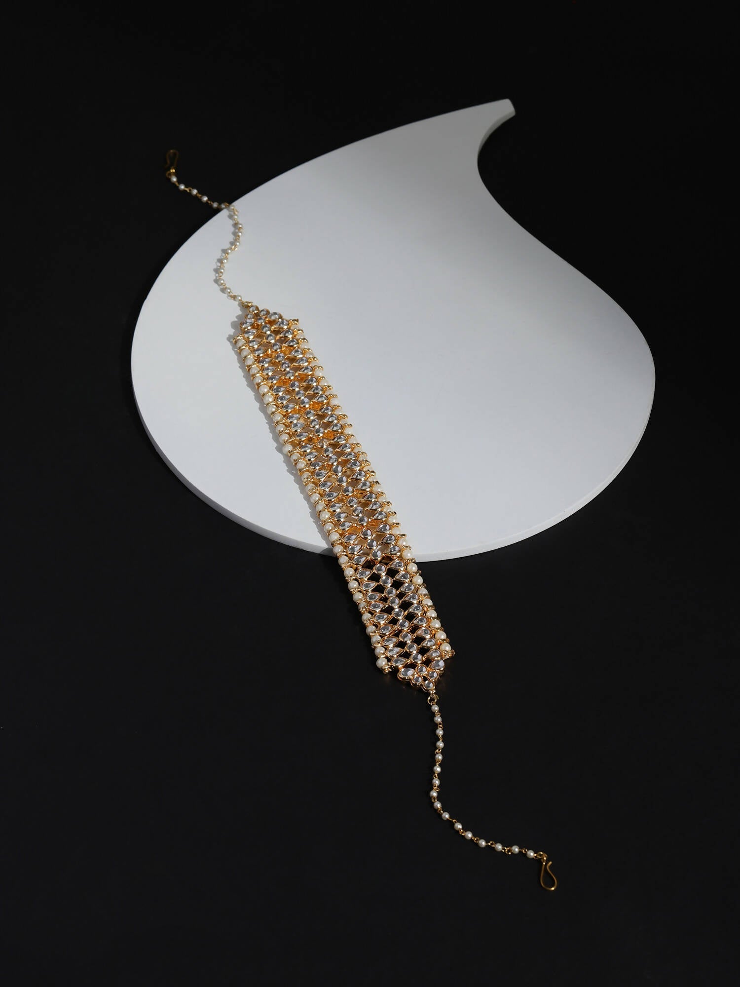Gold-Polished White Kundan-Studded Pearl Beaded Hair Band - Ruby Raang | Grocsy
