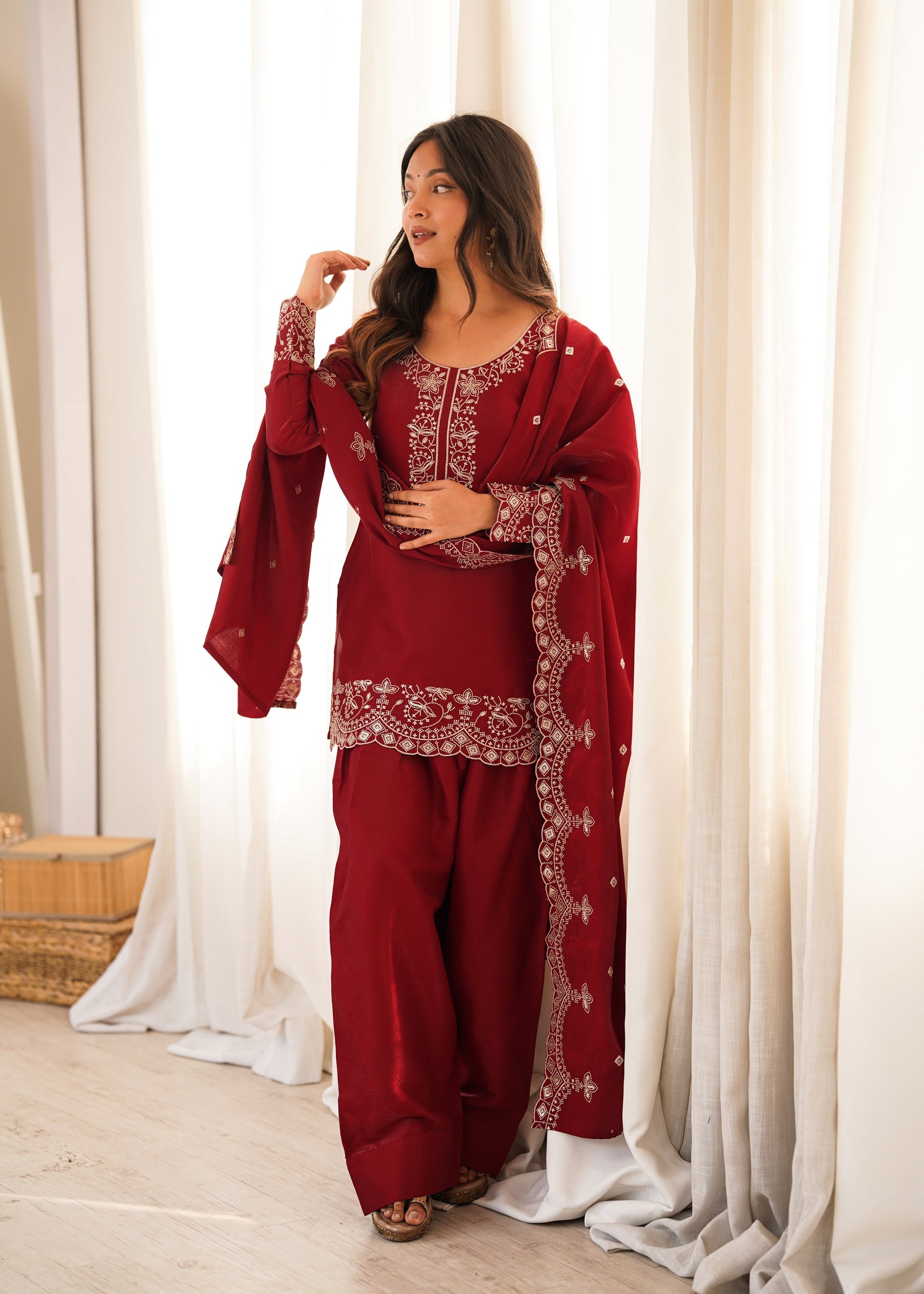 Lorenvalley Fashion Maroon Glass Roman Silk with Embroidery Sequence and Jari Work Kurta Farshi Salwar with Dupatta | Grocsy