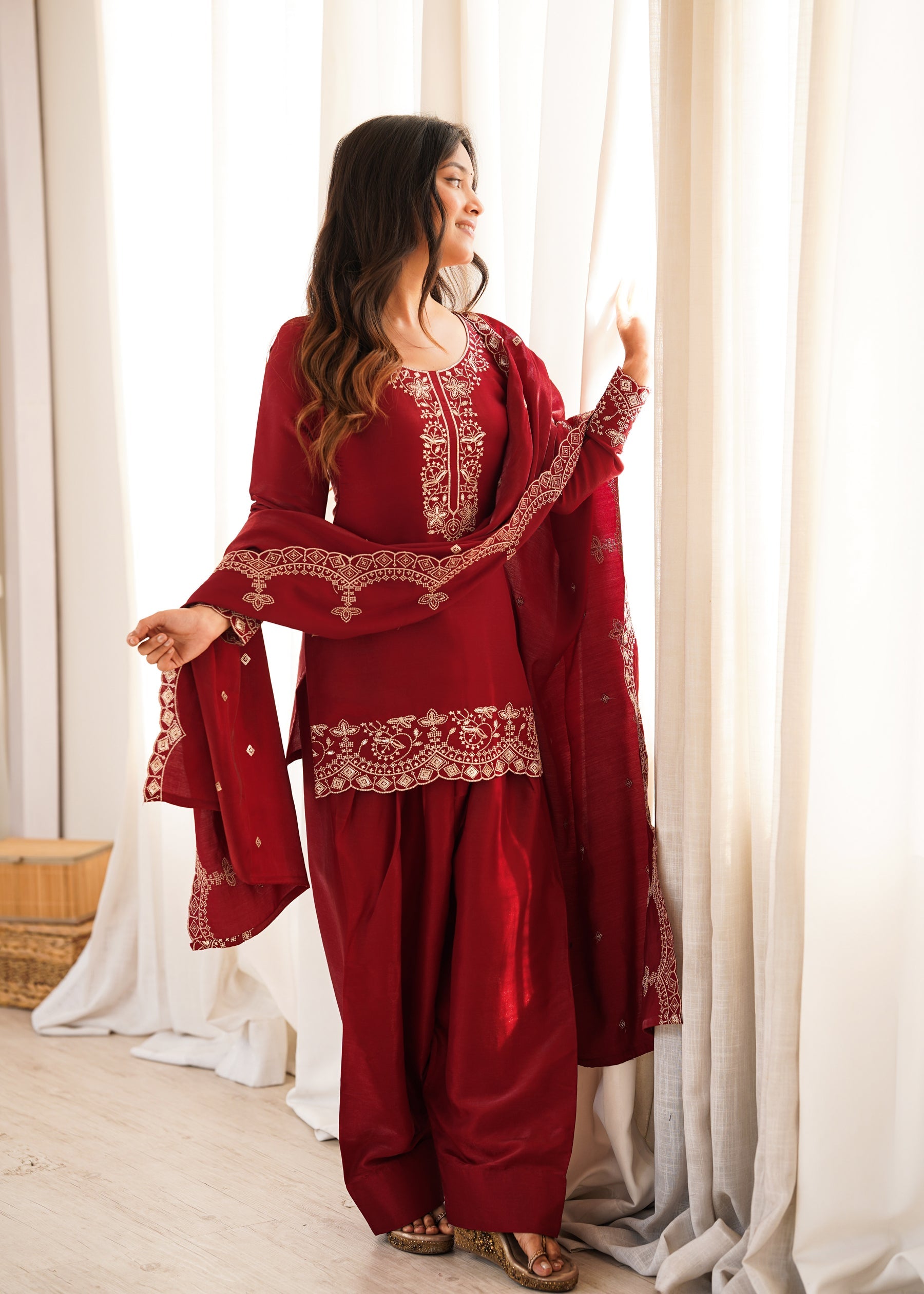 Lorenvalley Fashion Maroon Glass Roman Silk with Embroidery Sequence and Jari Work Kurta Farshi Salwar with Dupatta | Grocsy