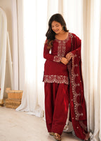 Lorenvalley Fashion Maroon Glass Roman Silk with Embroidery Sequence and Jari Work Kurta Farshi Salwar with Dupatta | Grocsy