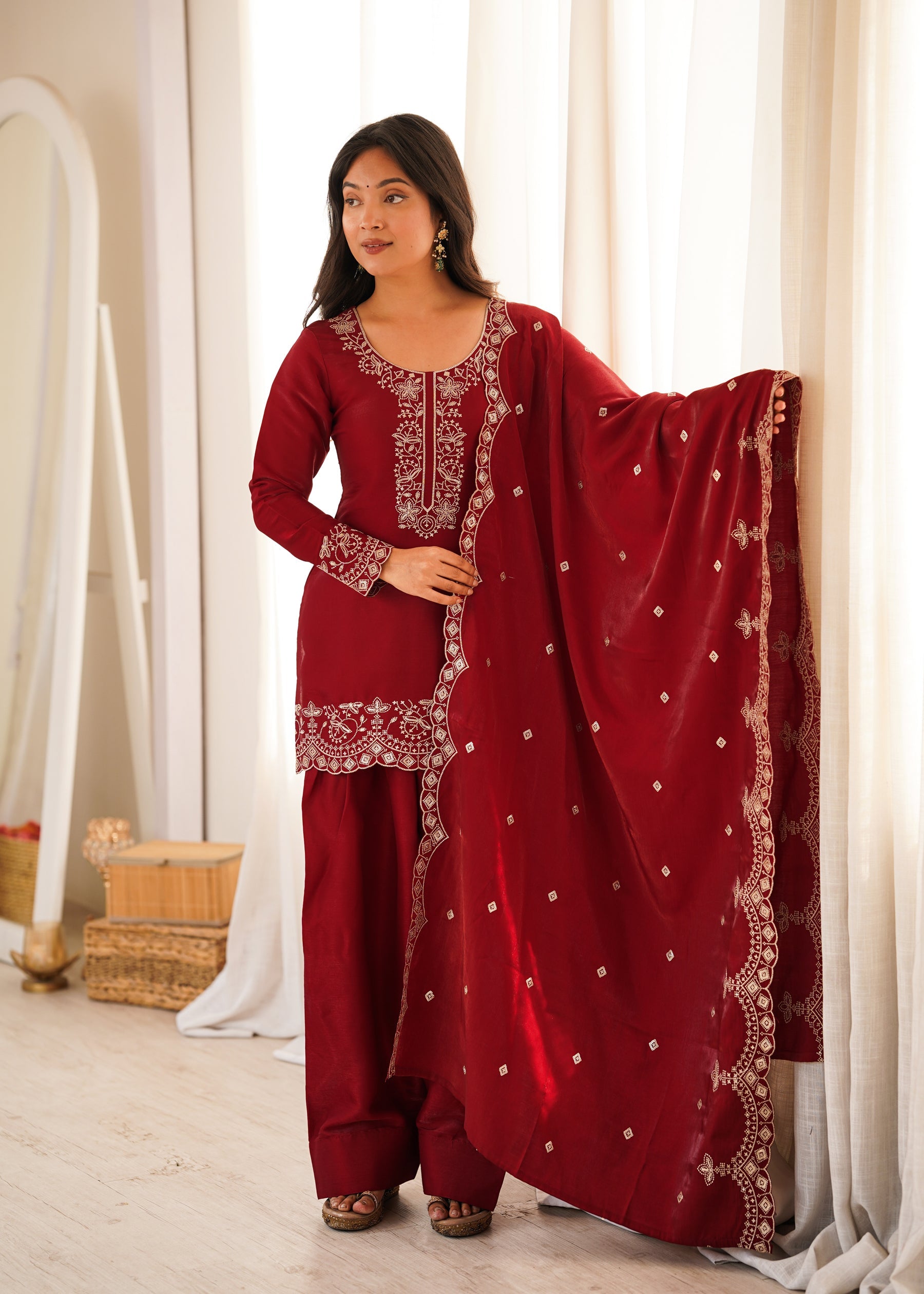 Lorenvalley Fashion Maroon Glass Roman Silk with Embroidery Sequence and Jari Work Kurta Farshi Salwar with Dupatta | Grocsy