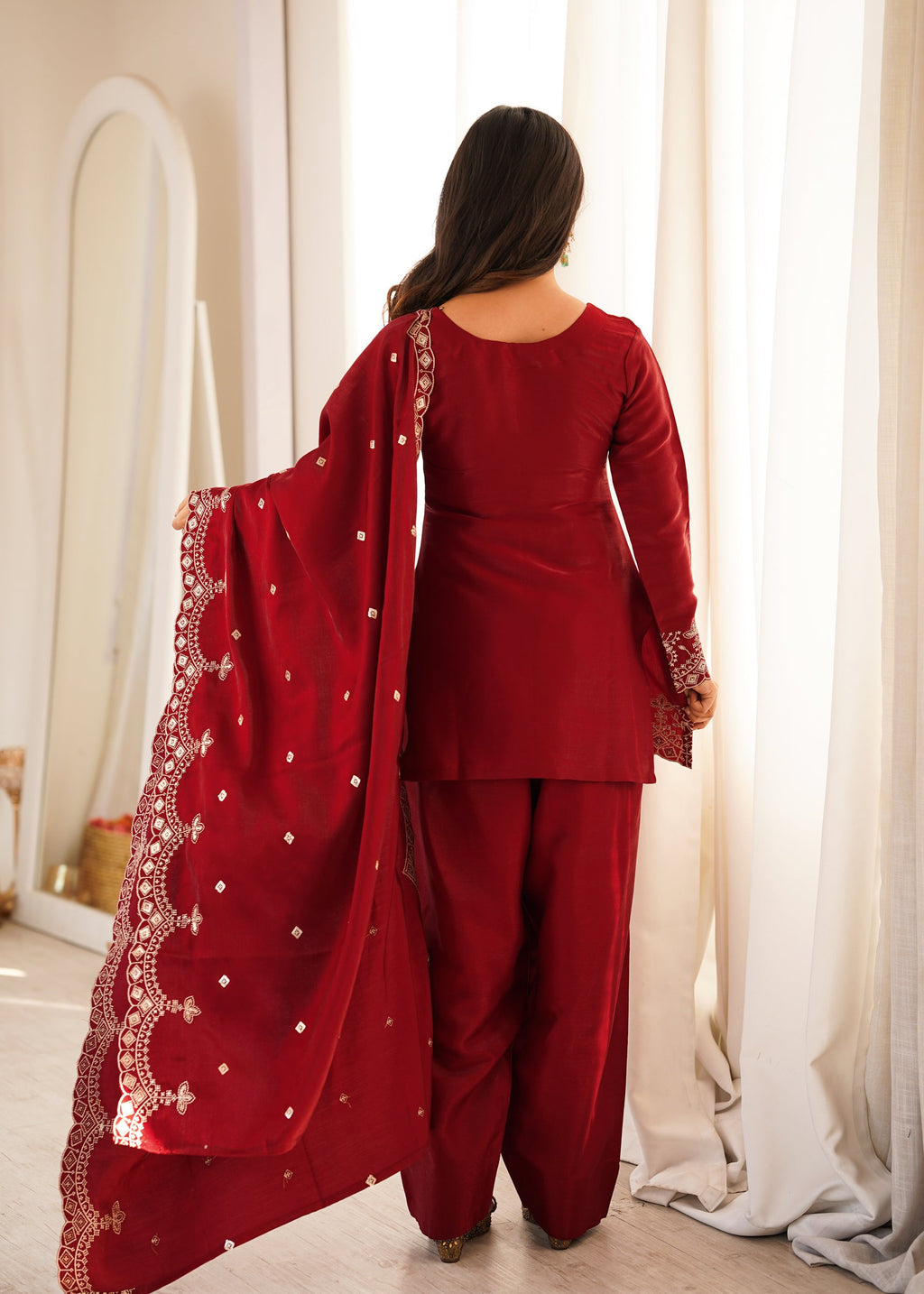 Lorenvalley Fashion Maroon Glass Roman Silk with Embroidery Sequence and Jari Work Kurta Farshi Salwar with Dupatta | Grocsy