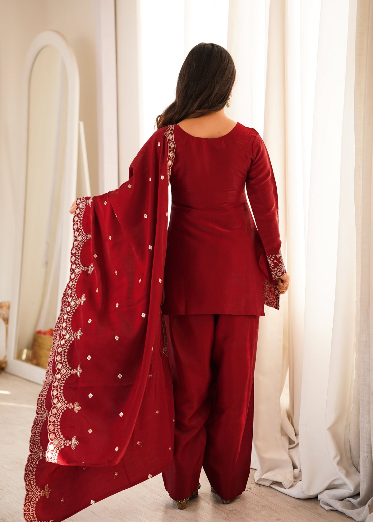 Lorenvalley Fashion Maroon Glass Roman Silk with Embroidery Sequence and Jari Work Kurta Farshi Salwar with Dupatta | Grocsy