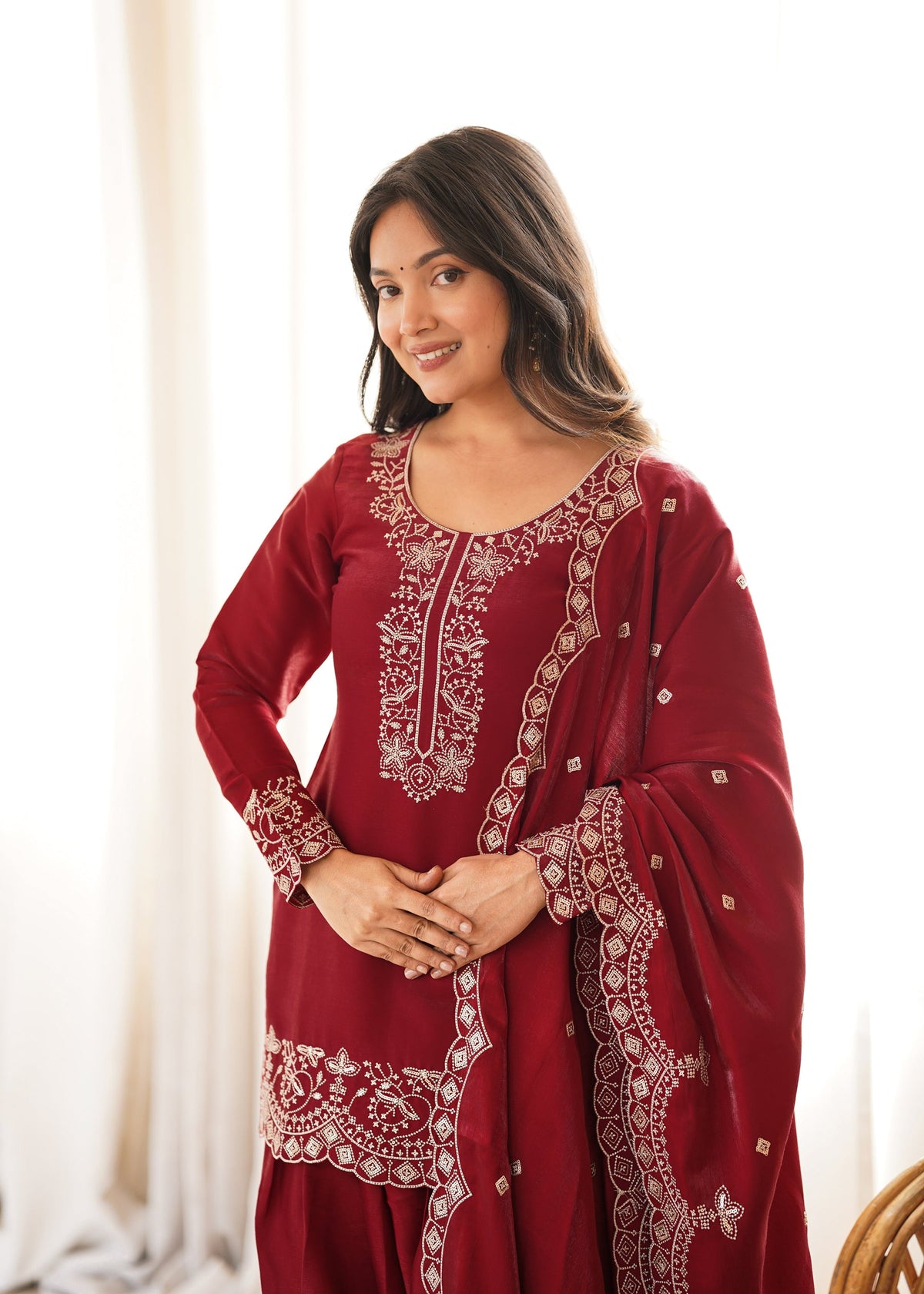 Lorenvalley Fashion Maroon Glass Roman Silk with Embroidery Sequence and Jari Work Kurta Farshi Salwar with Dupatta | Grocsy
