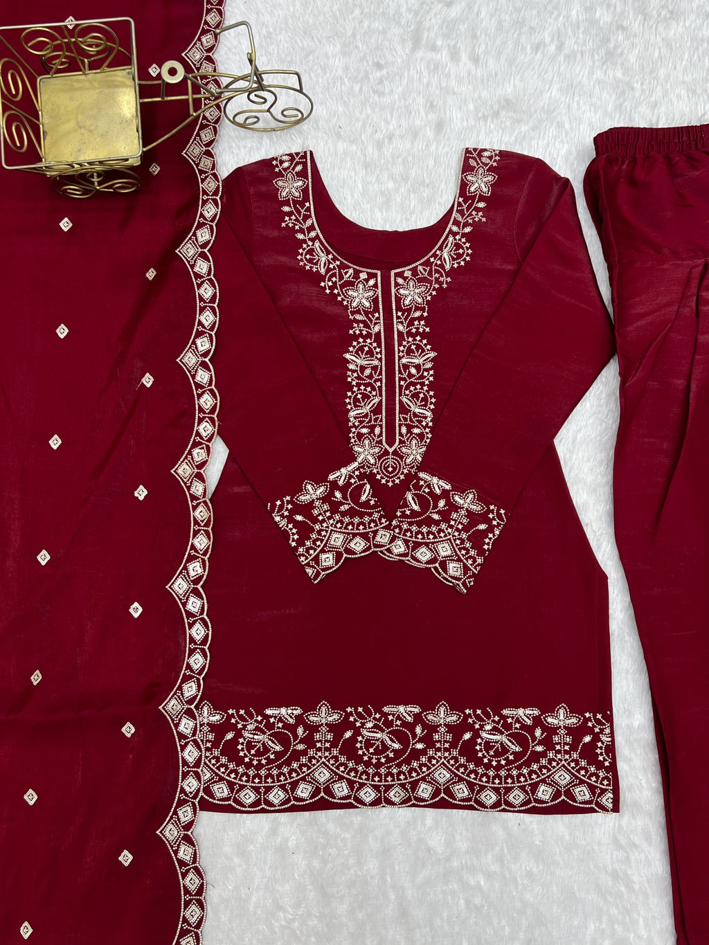 Lorenvalley Fashion Maroon Glass Roman Silk with Embroidery Sequence and Jari Work Kurta Farshi Salwar with Dupatta | Grocsy