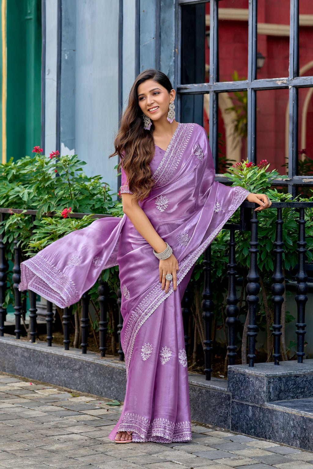 Vastranavya Lavender Embroidery Work Shimmer Chiffon Saree with Unstitched Blouse | Grocsy