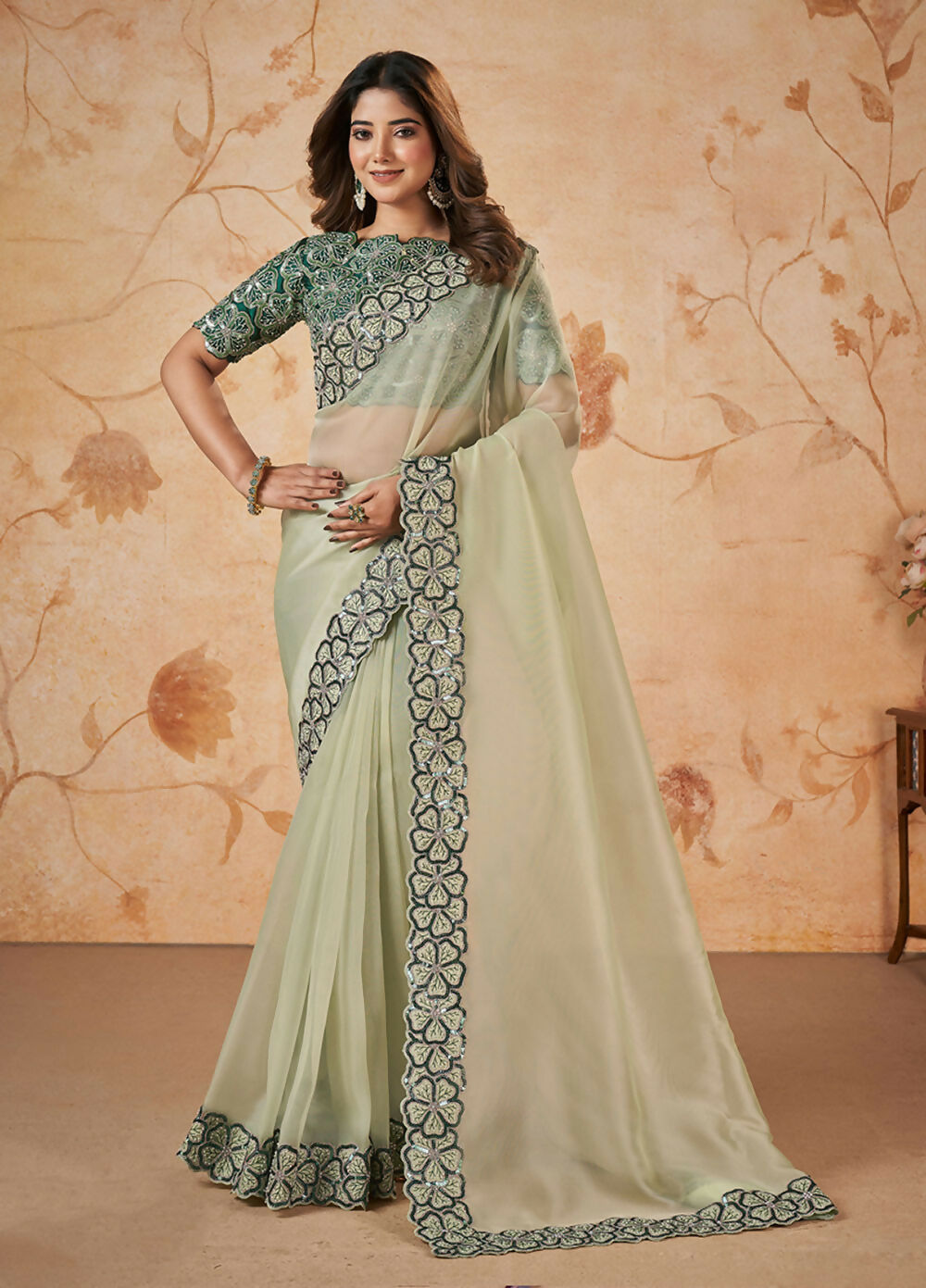 Light Green Net Organza Georgette Thread, Sequence, Cord Embroidered with Moti Work Saree - Mohmanthan Dakshika | Grocsy