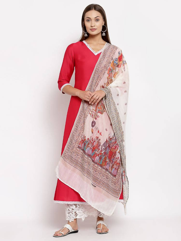 Myshka Women's Pink Cotton Solid 3/4 Sleeve V Neck Casual Kurta Dupatta Set | Grocsy