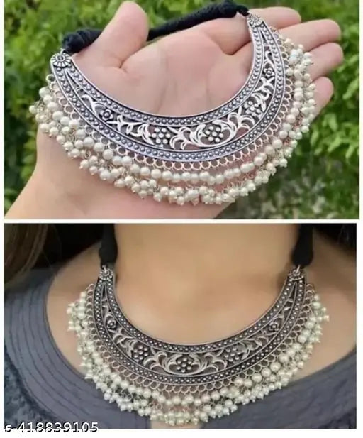 Tehzeeb Creations Women's Silver Colour Oxidised Necklace With White Pearl - Swadesiicart