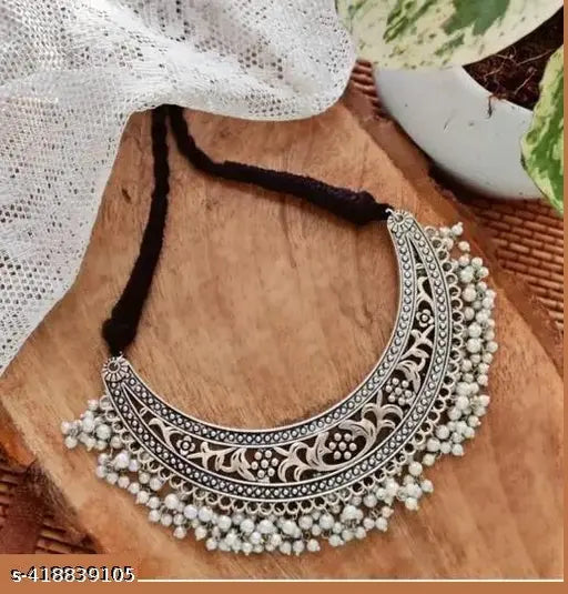 Tehzeeb Creations Women's Silver Colour Oxidised Necklace With White Pearl - Swadesiicart