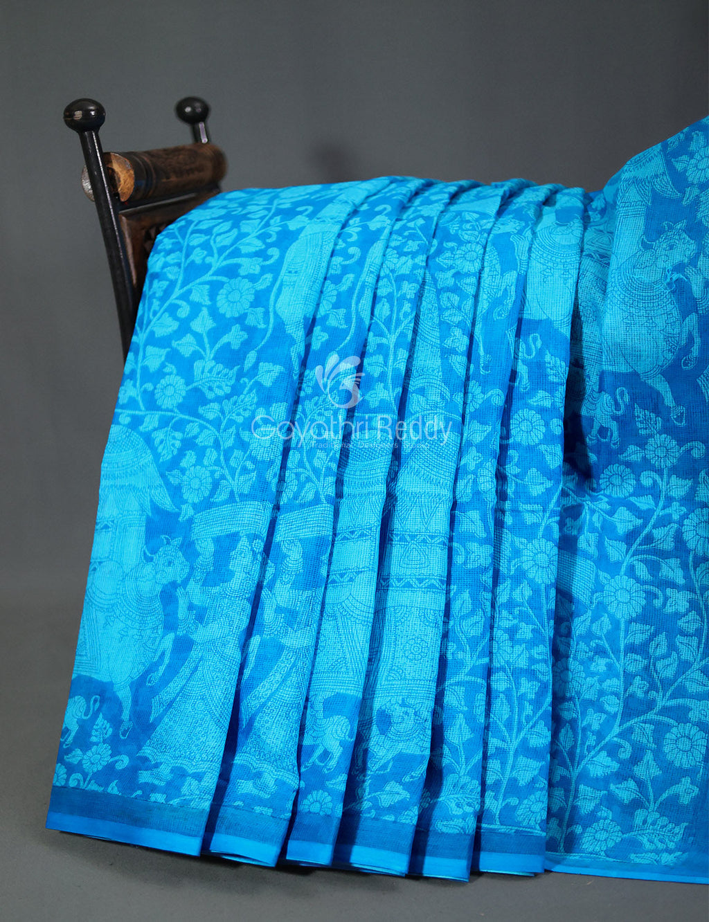 Sky Blue Kalamkaari Print Munga Cotton Saree By Gayathri Reddy Designer Studio | Grocsy