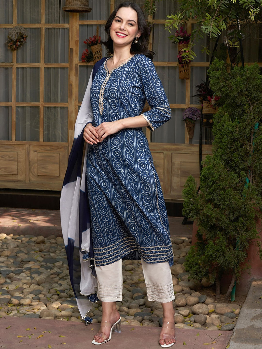 Sangria Printed Gotta Patti Pure Cotton Kurta with Trousers & With Dupatta | Grocsy
