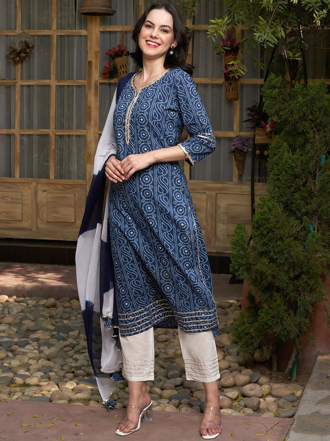 Sangria Printed Gotta Patti Pure Cotton Kurta with Trousers & With Dupatta | Grocsy