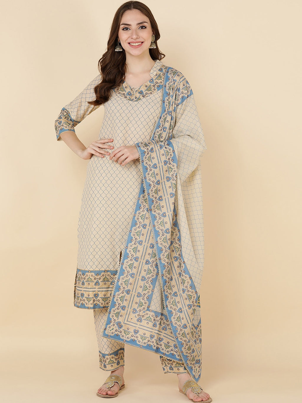 HERE&NOW Women Beige Floral Printed Pure Cotton Kurta with Trousers & With Dupatta | Grocsy
