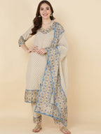 HERE&NOW Women Beige Floral Printed Pure Cotton Kurta with Trousers & With Dupatta | Grocsy