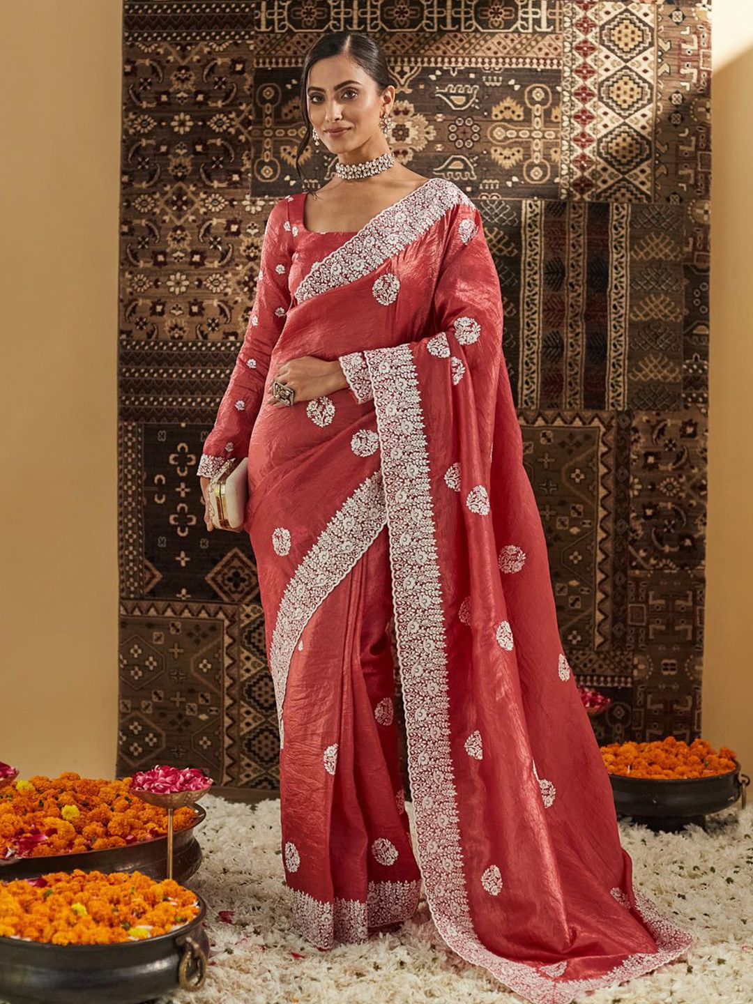 kasee Floral Chikankari Silk Blend Saree | Grocsy