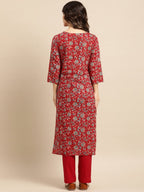 All About You Women Red Floral Printed Pure Cotton Kurta with Trousers | Grocsy
