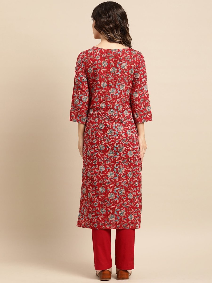 All About You Women Red Floral Printed Pure Cotton Kurta with Trousers | Grocsy