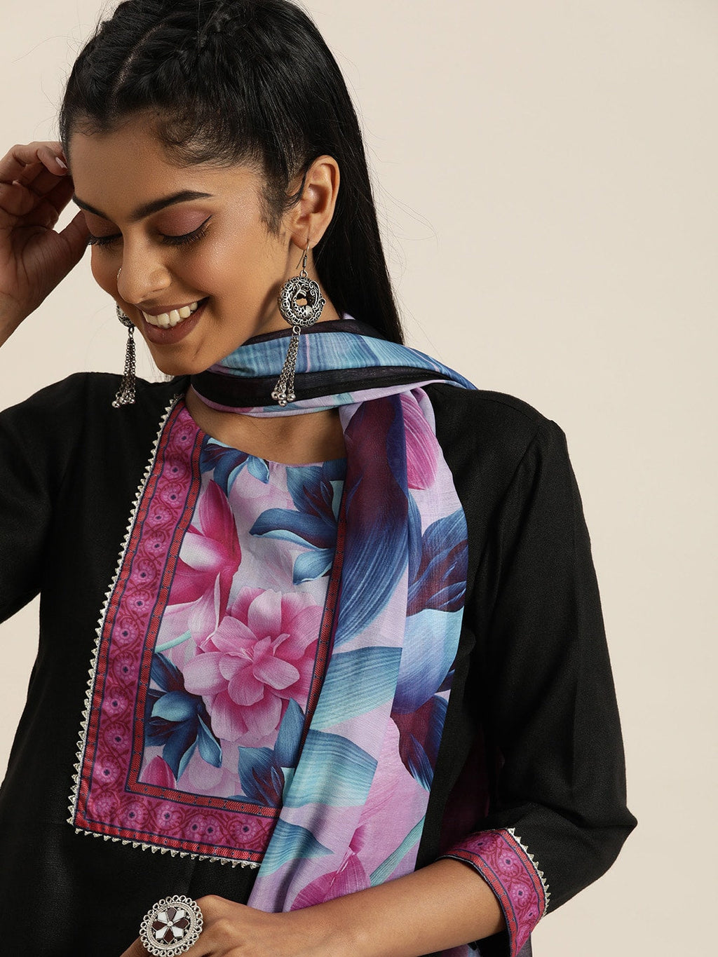 Sangria Women Black Floral Yoke Design Regular Gotta Patti Kurta with Trousers & Dupatta | Grocsy