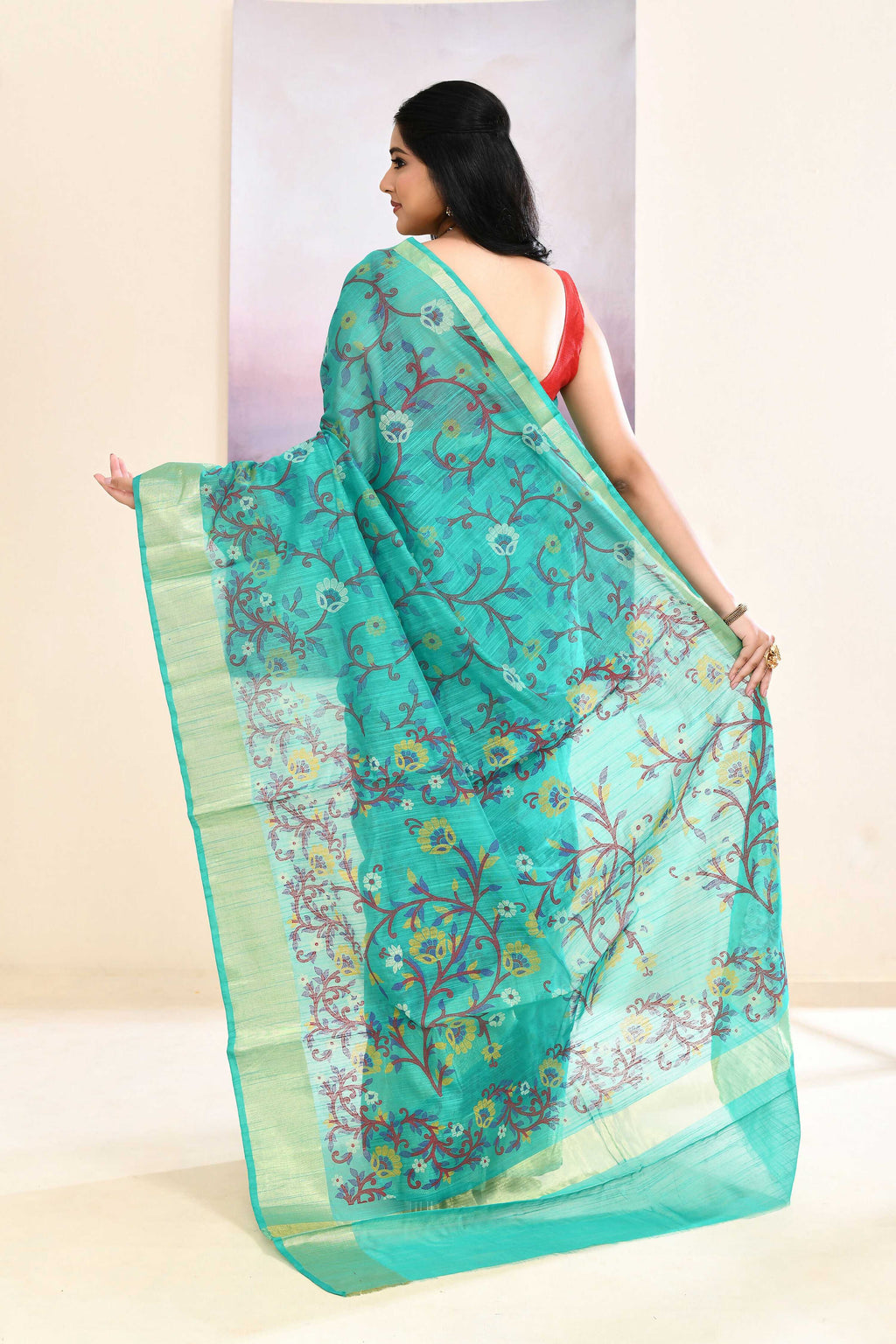 Piyari Fashion Women's Turquoise Embellished Cotton Blend Printed Saree | Grocsy