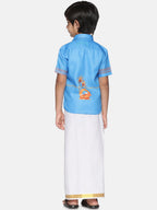Sethukrishna Boys Traditional Boys Blue & White Printed Shirt with Dhoti | Grocsy