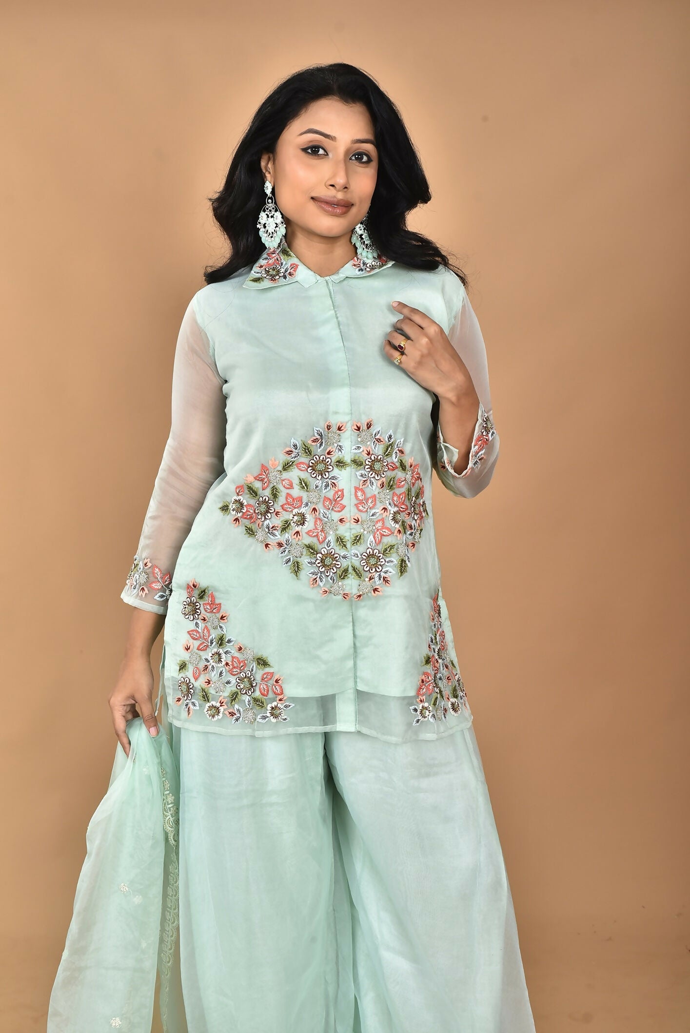 Morchari Women And Hand Embroidery Palazzo Set-Sea Green | Grocsy
