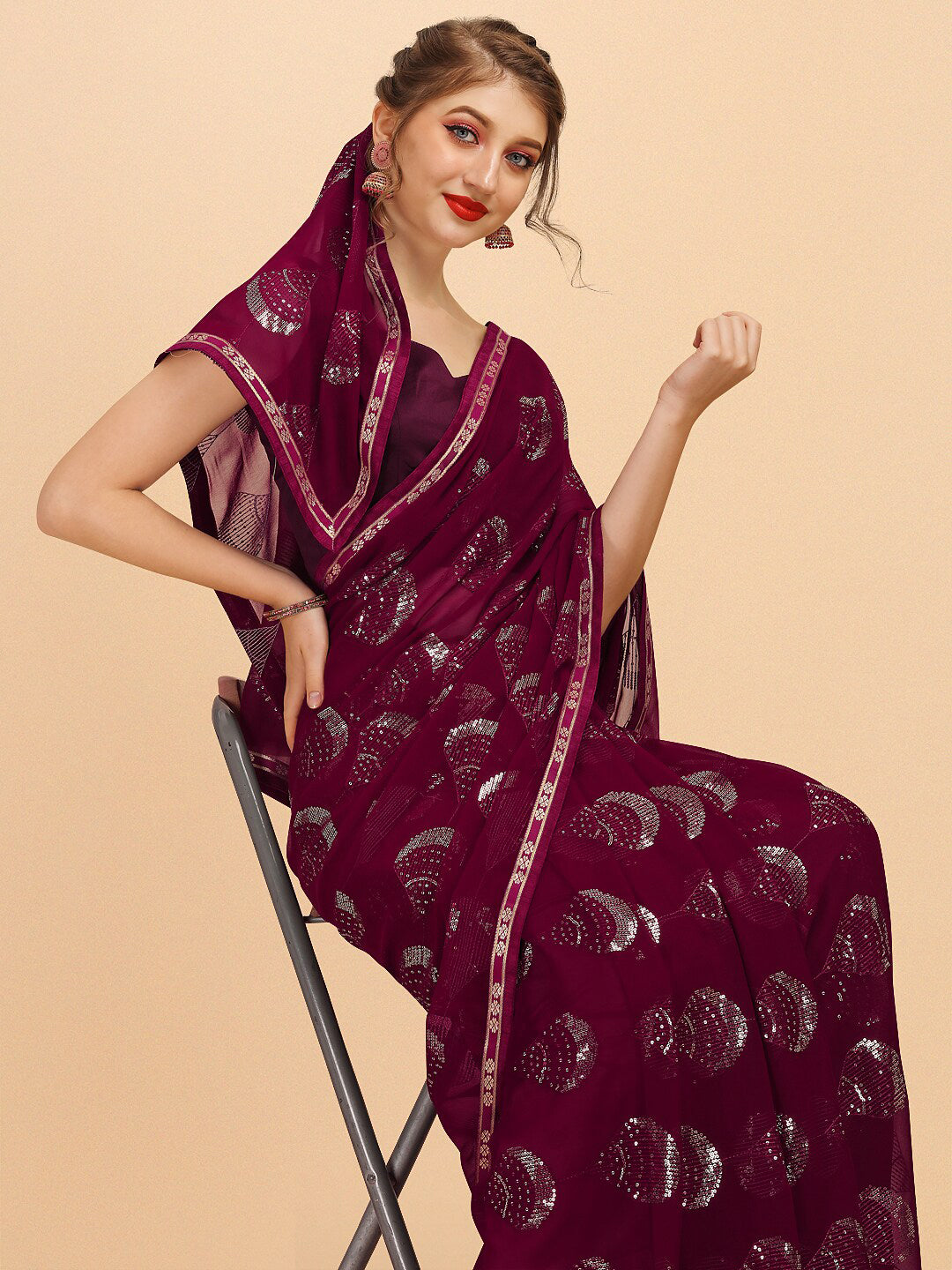 Sangria Women Burgundy Sarees | Grocsy