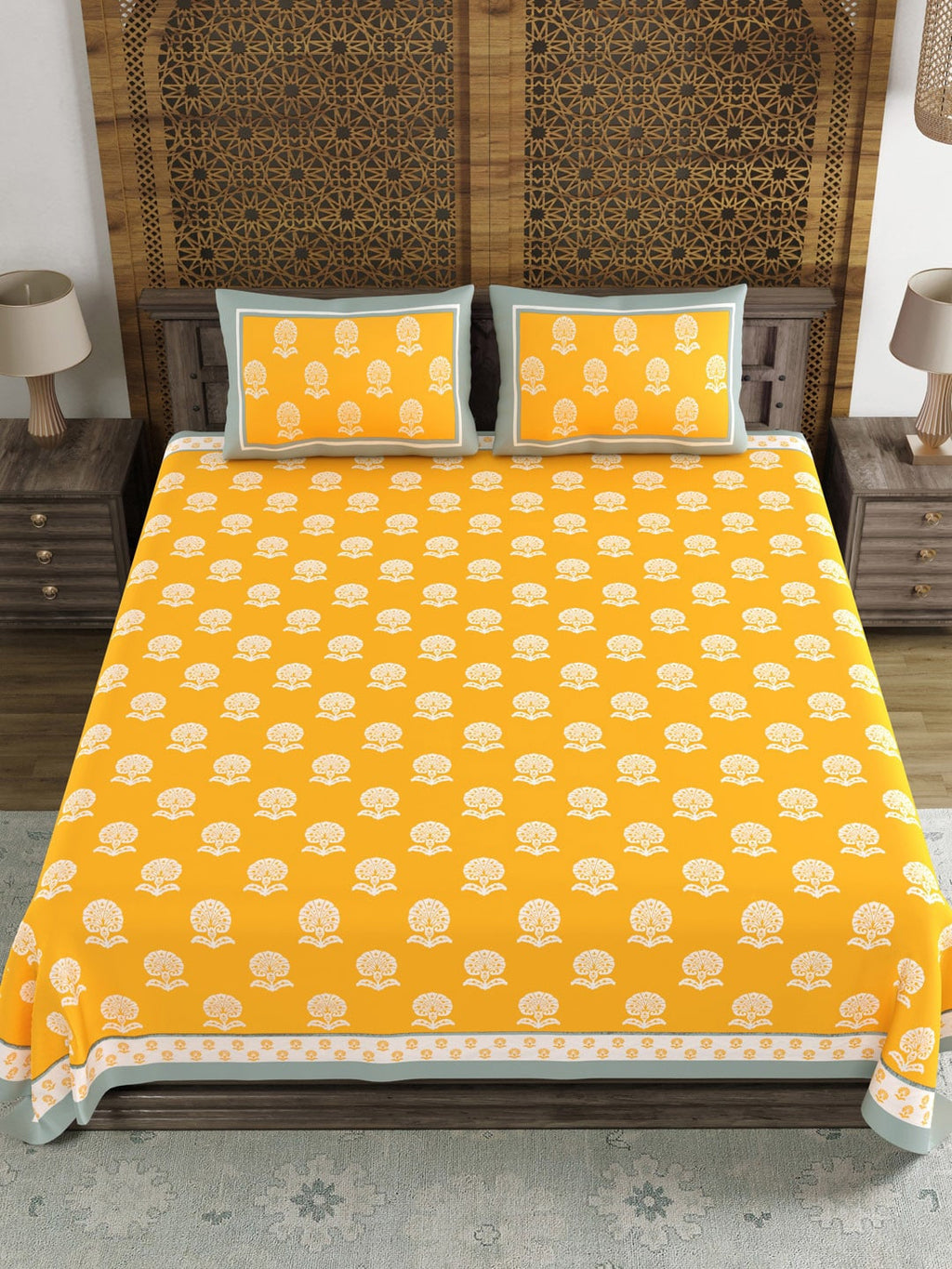 BLOCKS OF INDIA Yellow Ethnic Motifs Cotton 210 TC Super King Bedsheet & 2 Pillow Covers | Grocsy
