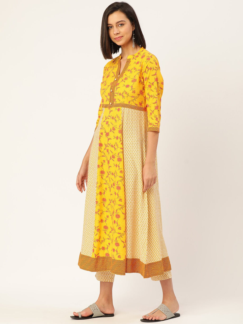 HERE&NOW Women Yellow Floral Printed Empire Kurta with Trousers & Dupatta | Grocsy