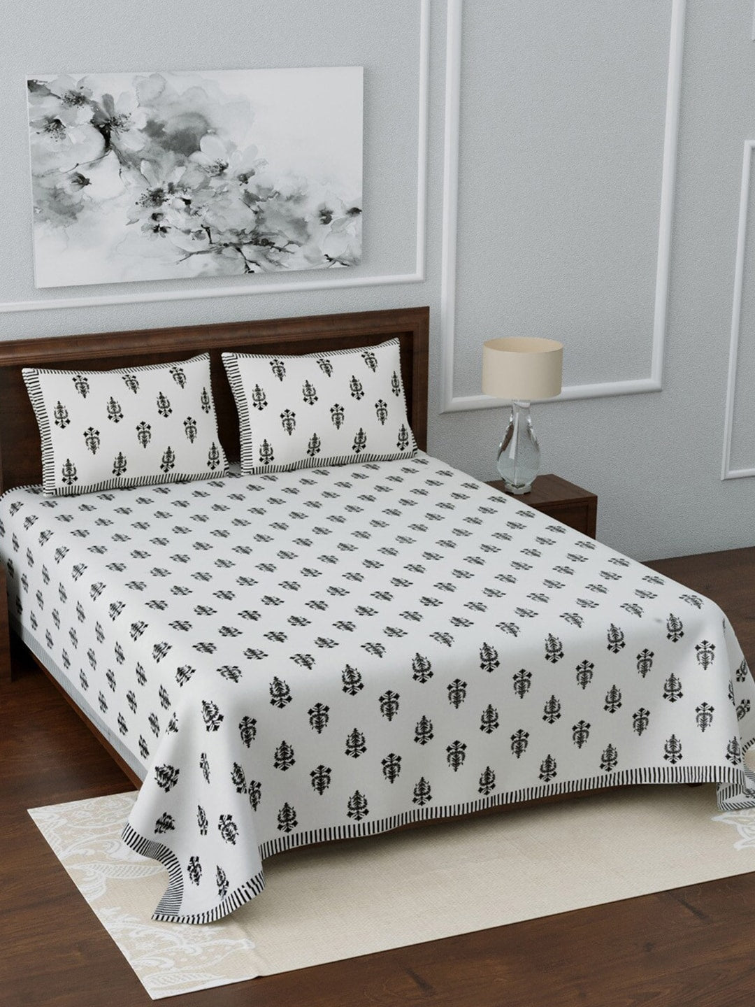 LIVING ROOTS White & Grey Ethnic Motifs 210 TC King Bedsheet with 2 Pillow Covers | Grocsy