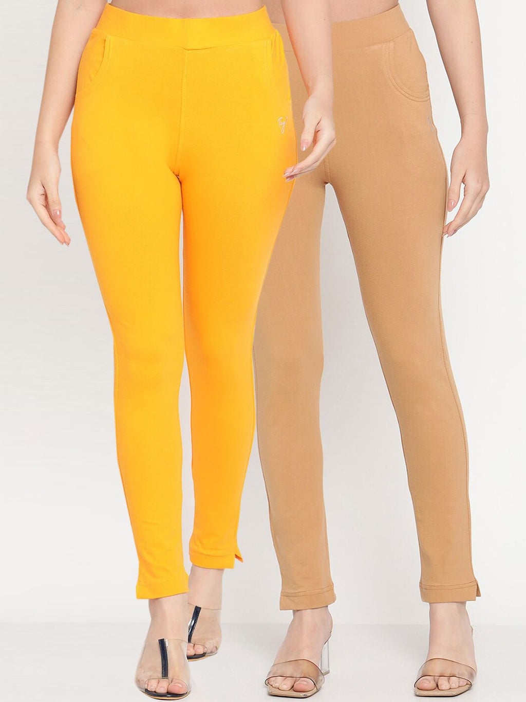 TAG 7 Set Of 2 Yellow & Beige Solid Leggings | Grocsy