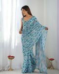 Blue Chinon Designer Digital Printed & Mirror Cut Work Saree - Kriti | Grocsy