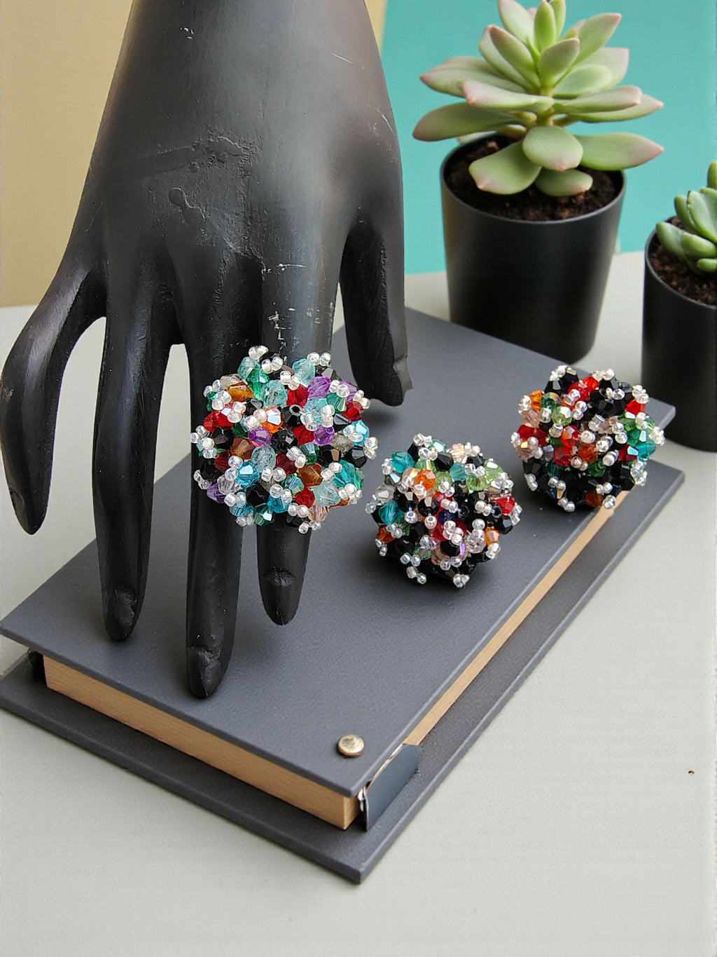 Inhanns Rangmani Crystal Duo – Adjustable Ring + Statement Earrings Set - Multicolor 1 | Grocsy
