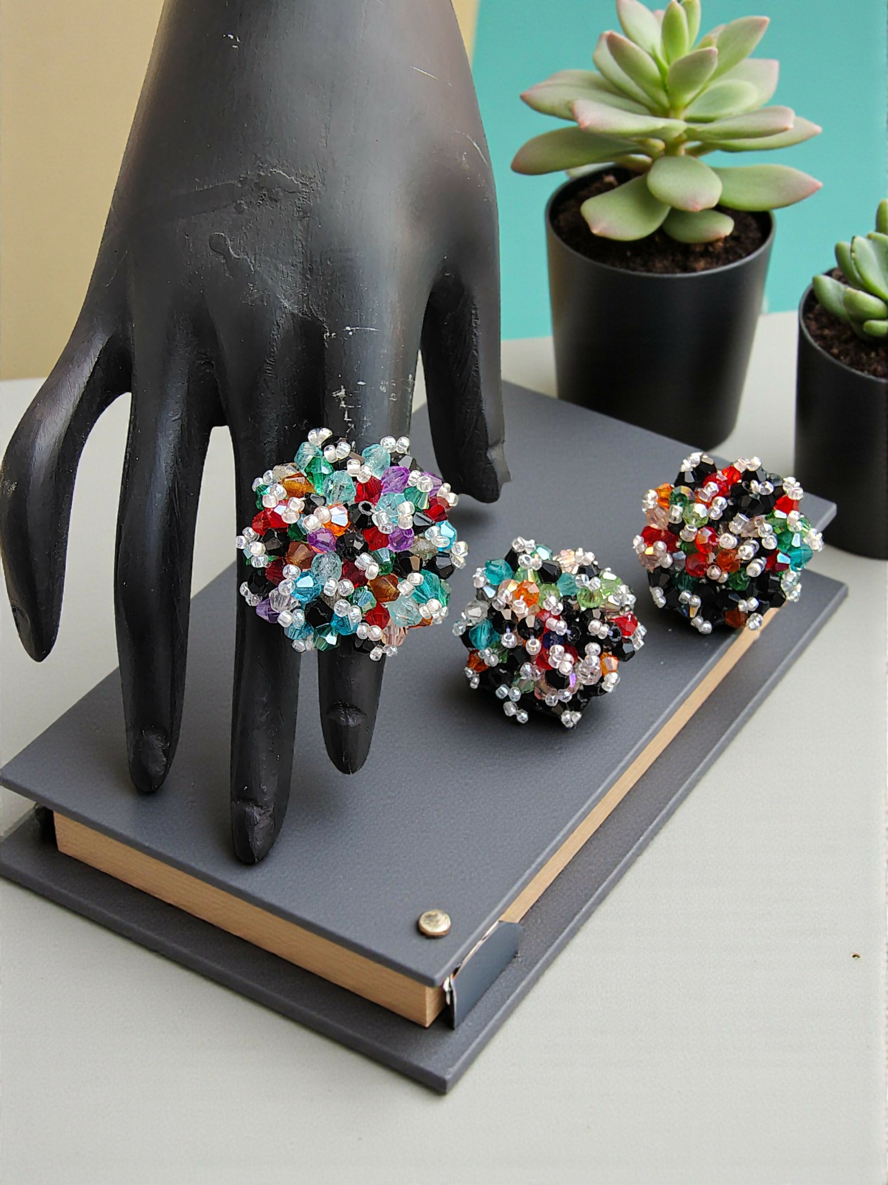 Inhanns Rangmani Crystal Duo – Adjustable Ring + Statement Earrings Set - Multicolor 1 | Grocsy