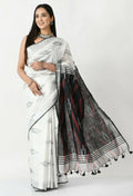 Mominos Fashion Moeza White & Black Bhagalpuri Handloom Ikat Pure Cotton Saree with unstitched Blouse piece | Grocsy