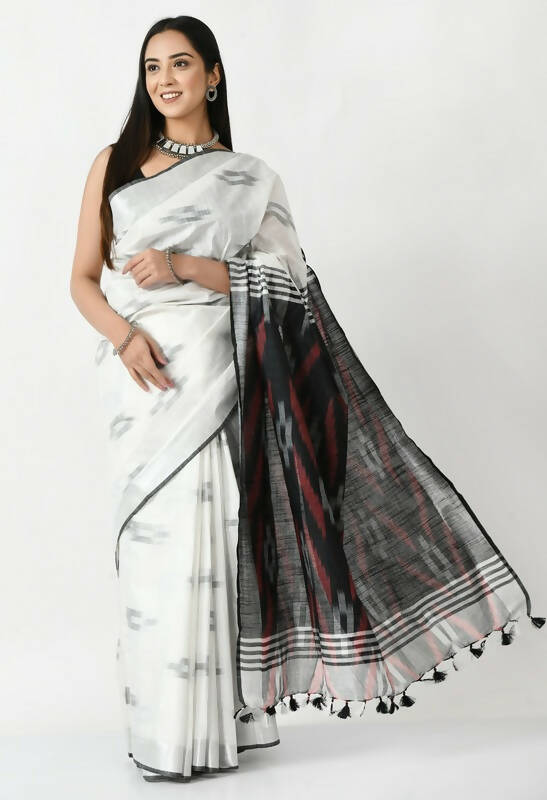 Mominos Fashion Moeza White & Black Bhagalpuri Handloom Ikat Pure Cotton Saree with unstitched Blouse piece | Grocsy