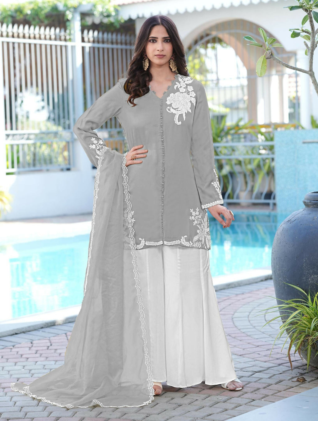 Nikhaar Grey Embroidered Modal Silk Stitched Straight Cut Kurta Kalidar Palazzo Dupatta Readymade Suit | Grocsy
