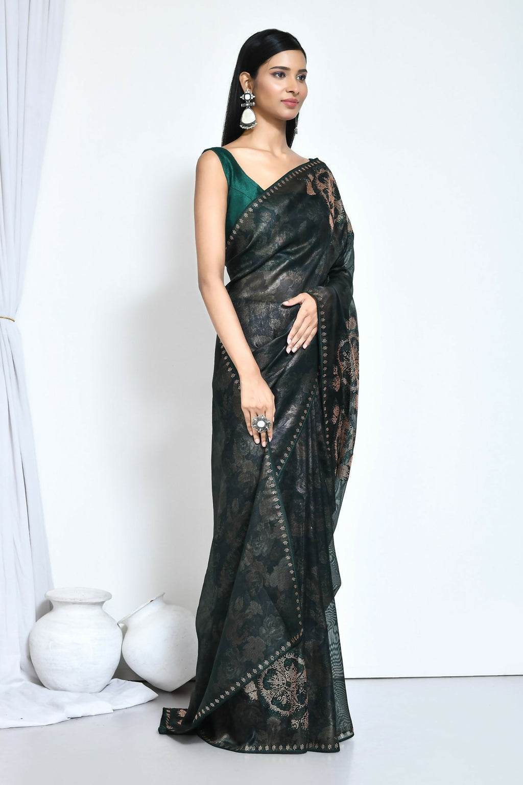 Green Satin Silk Foil Print Festive Saree - Nimaya Denzy | Grocsy