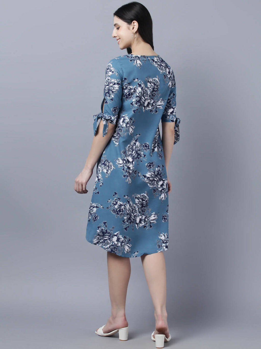 Myshka Women Teal Blue Grey Printed A-line Dress | Grocsy