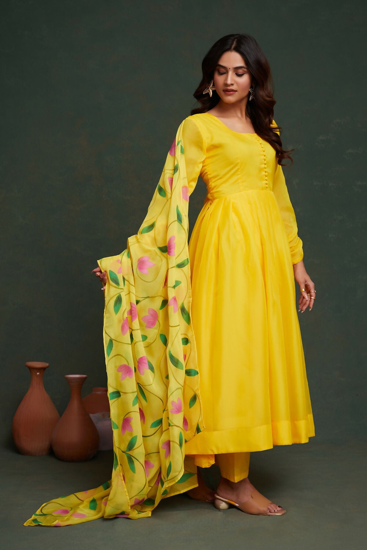 Aayaa Viscose Organza Dyeable Hand Painted Suit - Lemon Yellow | Grocsy