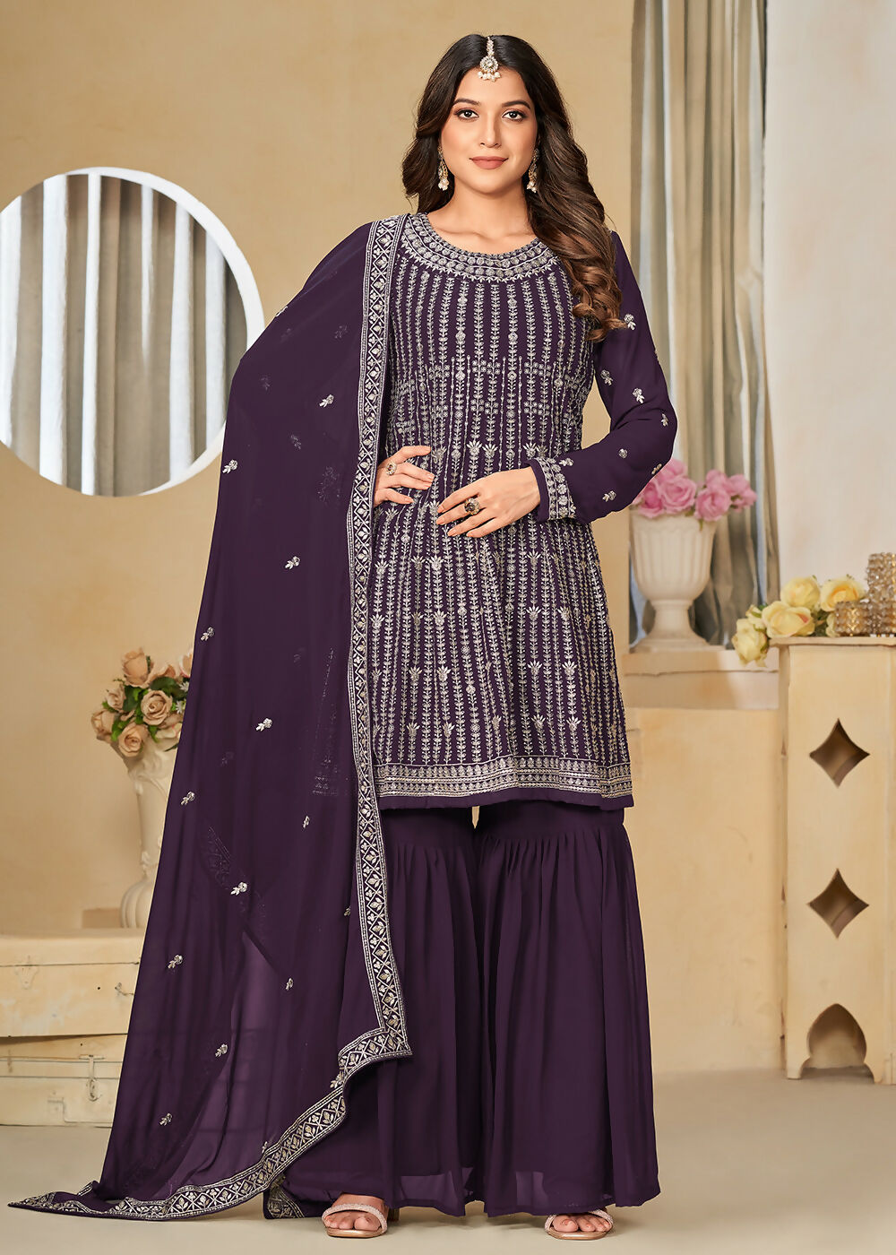 Faux Georgette Purple Embroidered Gharara Style Suit - Emponline | Grocsy