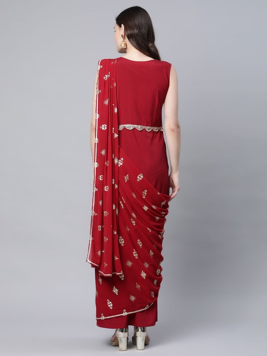 Ahalyaa Women Maroon Crepe Georgette Printed Saree Dress With Printed Pallu | Grocsy