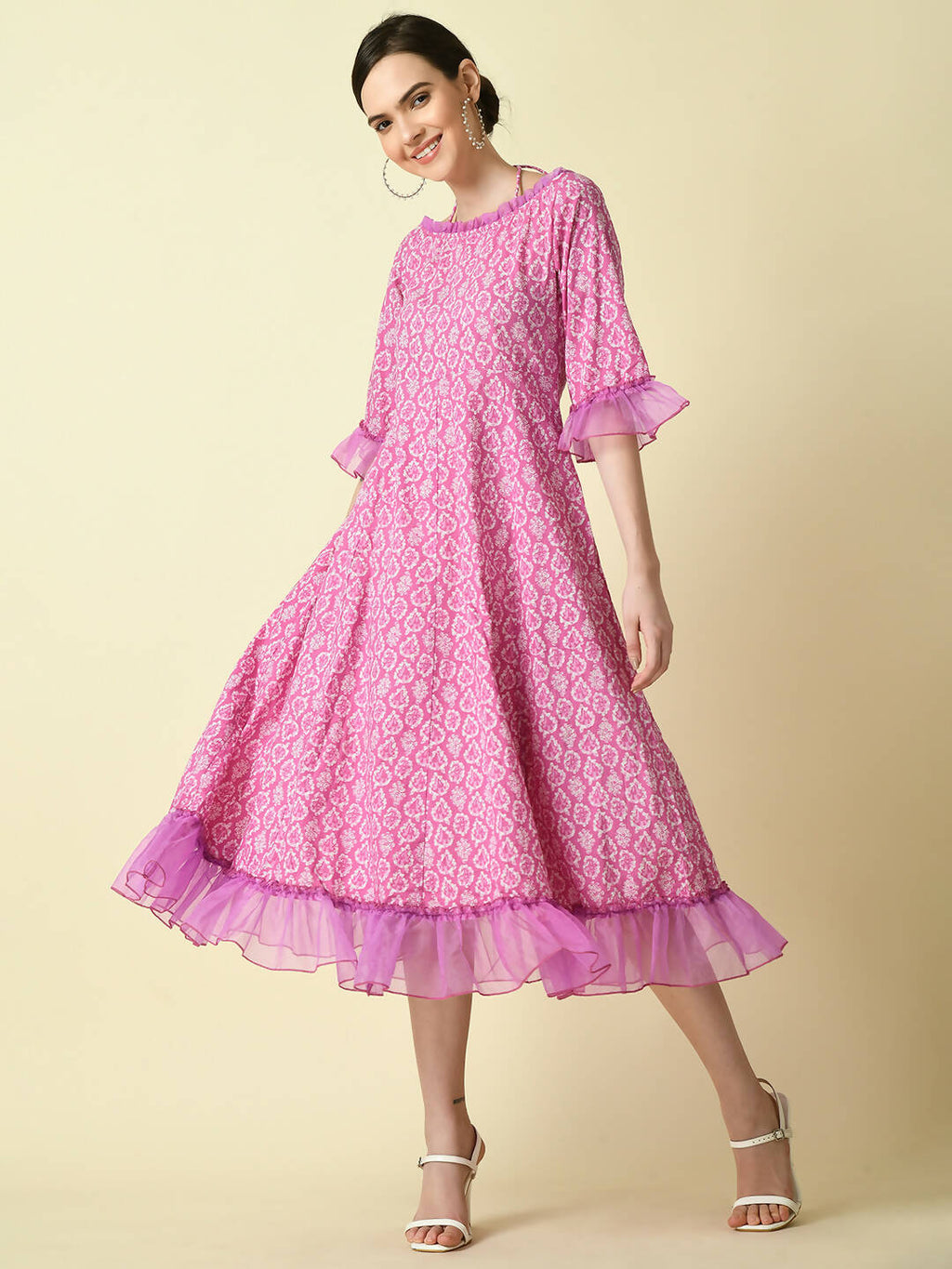 Myshka Women's Pink Empire Printed Dress | Grocsy