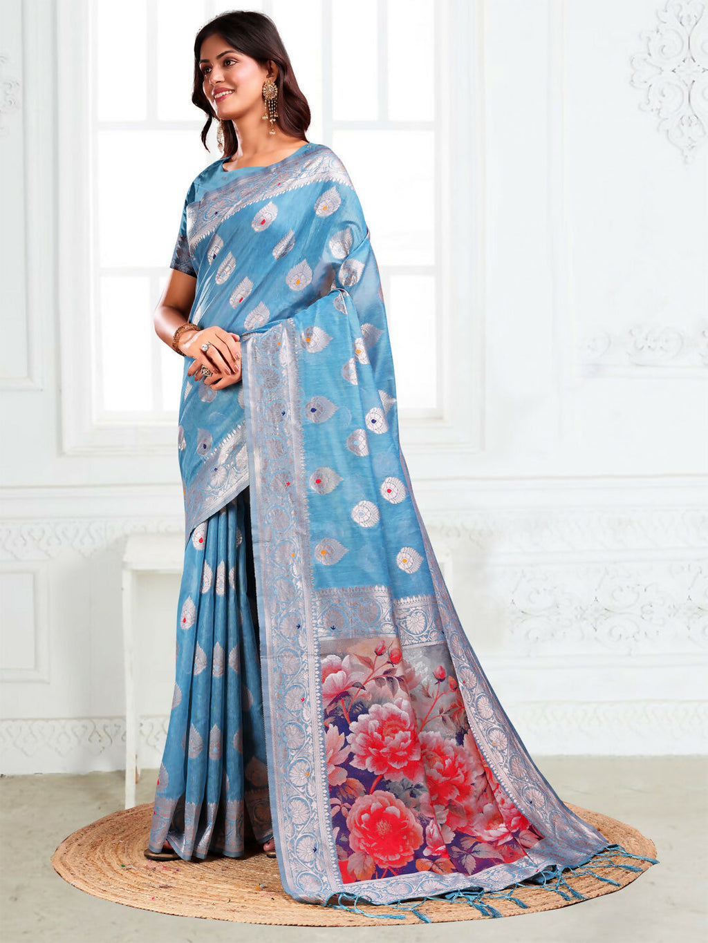Shree Shyam Fashion Linen Cotton Sky Blue Saree | Grocsy