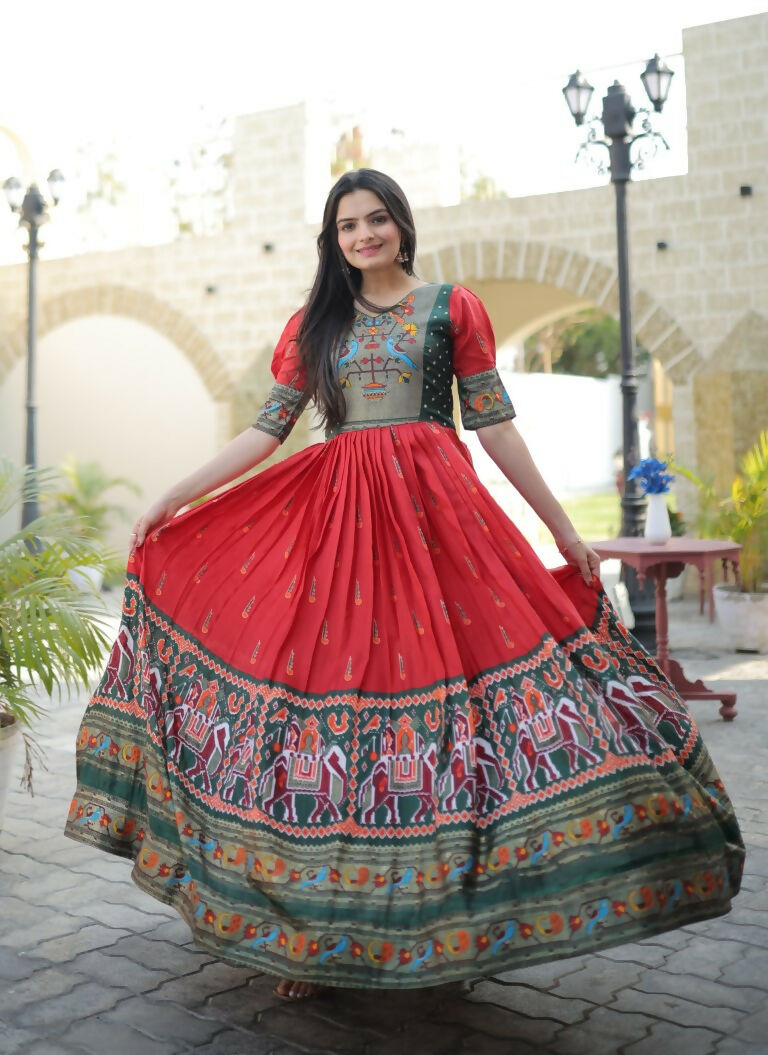 Jyoti Fashion Women's Red Patola with Foil Print Dola Silk Anarkali Dress | Grocsy